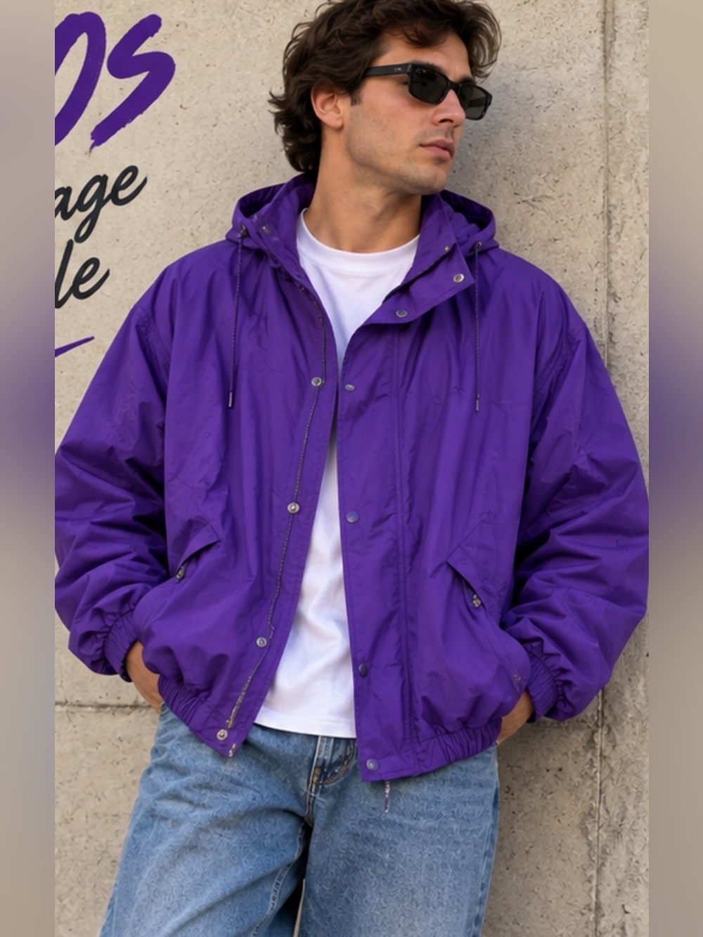 VTG Unique Sales Jacket‎ Mens XL Purple Hooded Rain Windbreaker Made USA